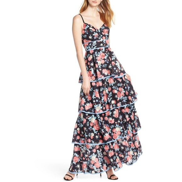 foxiedox Dresses & Skirts - Foxiedox Darlene Ruffle Tiered Floral Print Keyhole Bodice Maxi Formal Dress Lrg